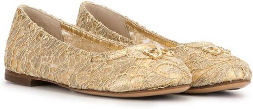 Dolce & Gabbana Kids laminated lace ballerina shoes Gold