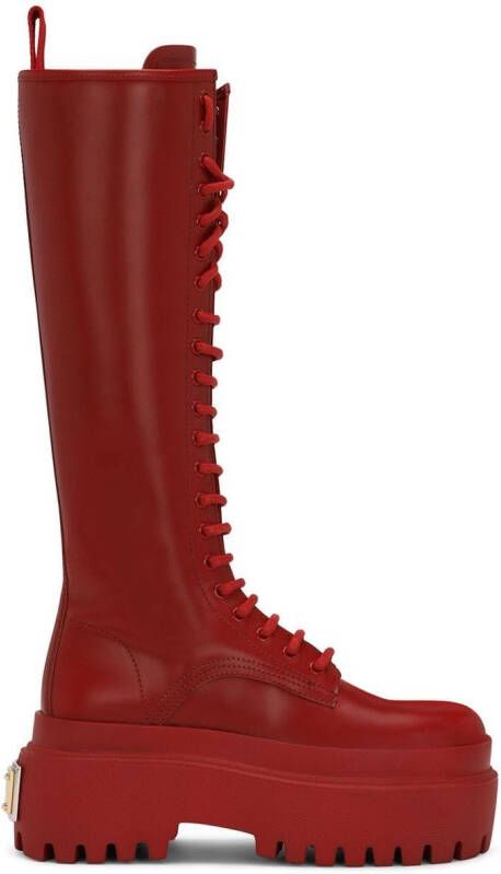 Dolce & Gabbana lace-up knee-high leather boots Red