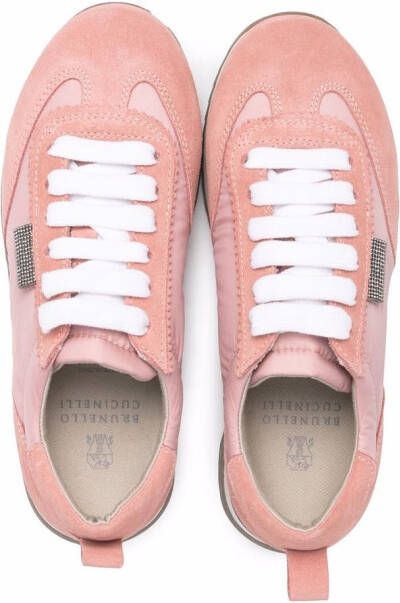 Brunello Cucinelli Kids embellished suede-panelled sneakers Pink