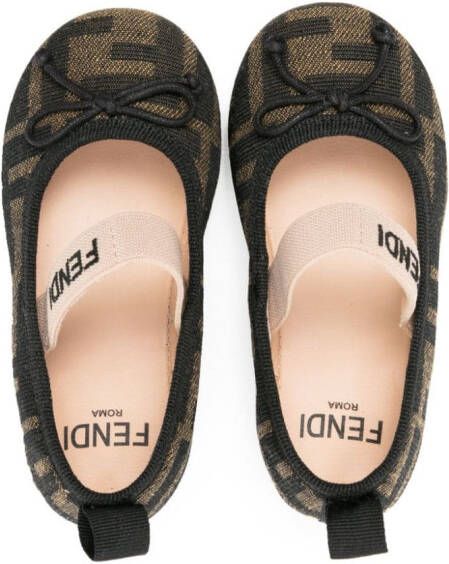Fendi Kids bow-detail FF-jacquard ballerina shoes Black