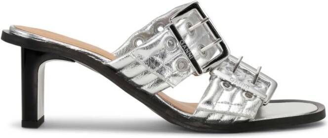 GANNI buckled leather mules Silver