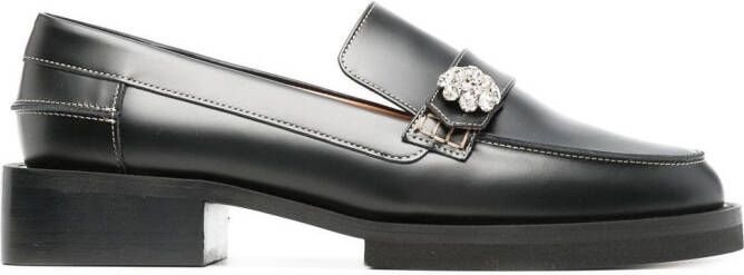 GANNI crystal-button leather loafers Black
