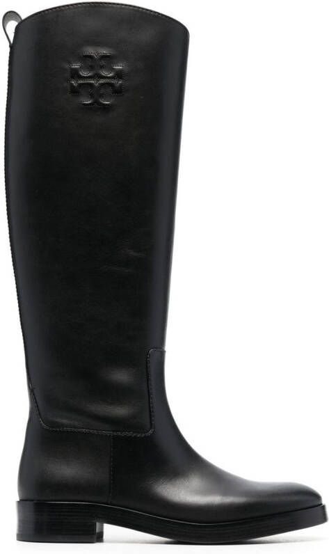 Tory Burch logo-embossed tall leather boots Black