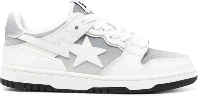 A BATHING APE star-appliqué faded leather sneakers White