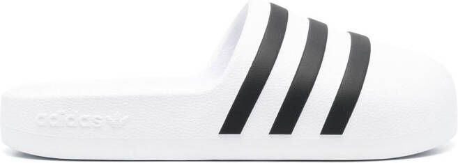 Adidas embossed-logo stripe-detail slides White