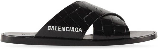 Balenciaga embossed-crocodile crossover slides Black
