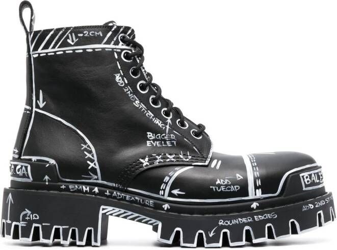 Balenciaga sketch-print leather ankle boots Black