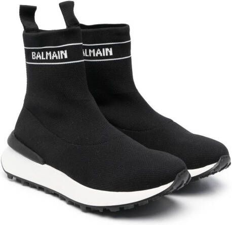 Balmain Kids logo-intarsia mesh high-top sneakers Black