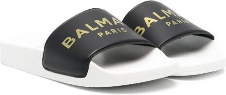 Balmain Kids logo-print open-toe slides Black