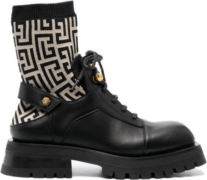 Balmain PB-monogram sock-ankle leather boots Black