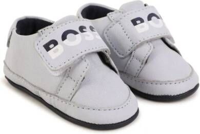 BOSS Kidswear logo-lettering leather slippers Grey