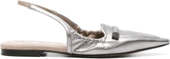 Brunello Cucinelli pointed-toe slingback ballerina shoes Silver