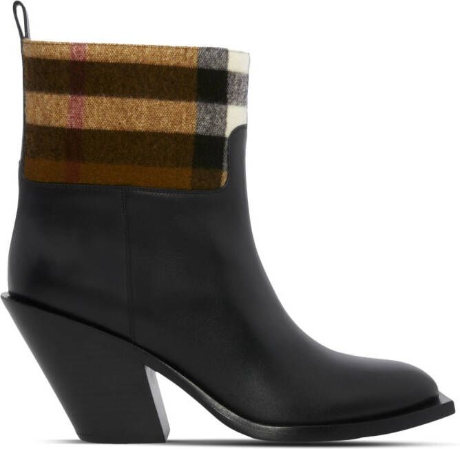Burberry Exaggerated Check panelled leather boots Black