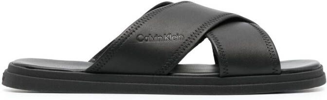 Calvin Klein criss-cross leather slides Black