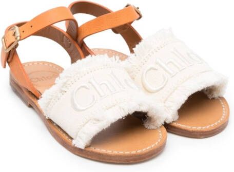 Chloé Kids embroidered-logo fringed sandals White