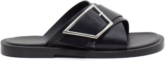 Closed buckled-strap leather slides Black