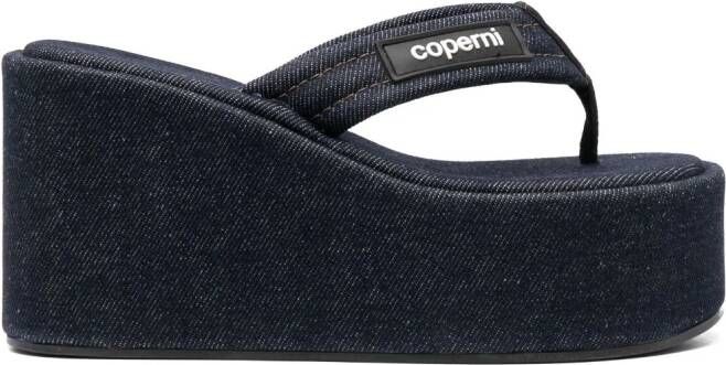 Coperni 100mm logo-patch denim sandals Blue