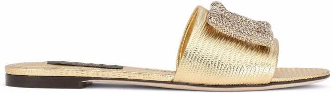 Dolce & Gabbana crystal embellished logo leather slides Gold