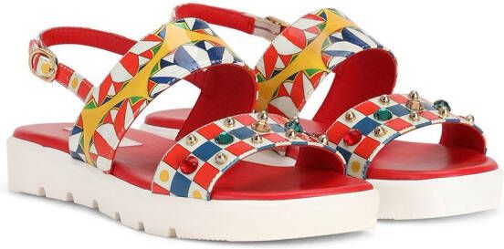 Dolce & Gabbana Kids Carretto-print bejewelled leather sandals Red