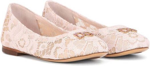 Dolce & Gabbana Kids logo-plaque lace-detail ballerina shoes Pink
