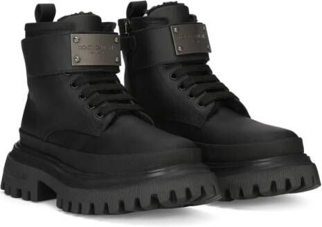 Dolce & Gabbana Kids logo-plaque leather combat boots Black