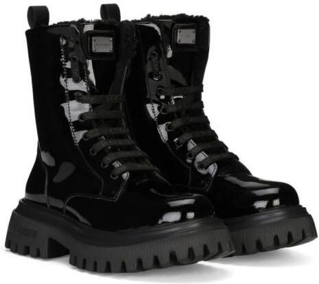 Dolce & Gabbana Kids logo-plaque patent-leather combat boots Black