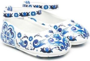 Dolce & Gabbana Kids Majolica-print leather ballerina-shoes Blue