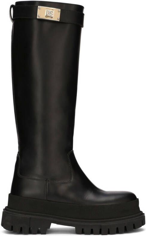 Dolce & Gabbana logo-strap knee-length leather boots Black