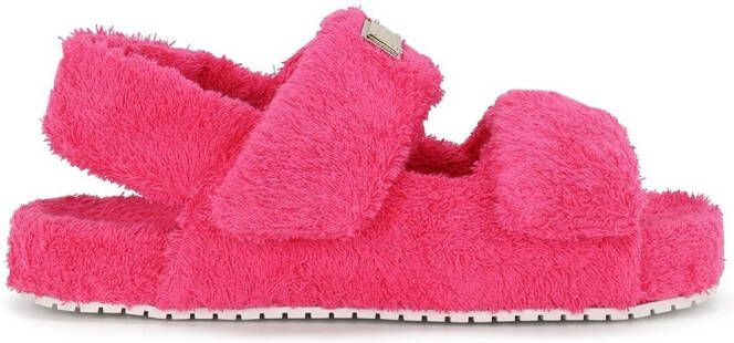Dolce & Gabbana logo-plaque faux-shearling sandals Pink