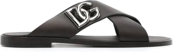Dolce & Gabbana logo-plaque leather sandals Brown