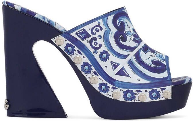 Dolce & Gabbana Majolica-print platform mules Blue