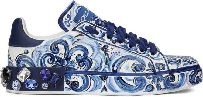 Dolce & Gabbana Portofino Majolica-print leather sneakers Blue