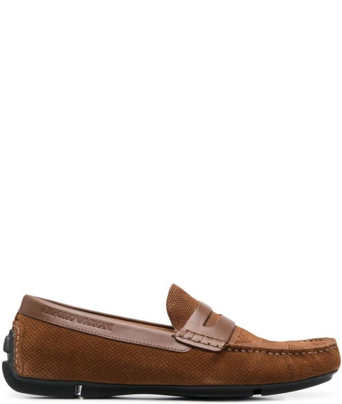 Emporio Armani flocked-logo driving loafers Brown
