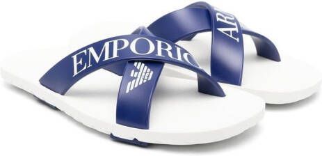Emporio Ar i Kids logo-print crossover flip-flops Blue