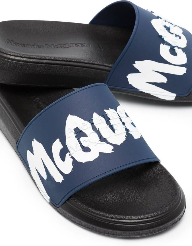 Alexander McQueen graffiti-logo slip-on slides Blue