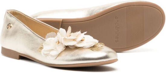 ANDANINES floral applique leather ballerina shoes Gold