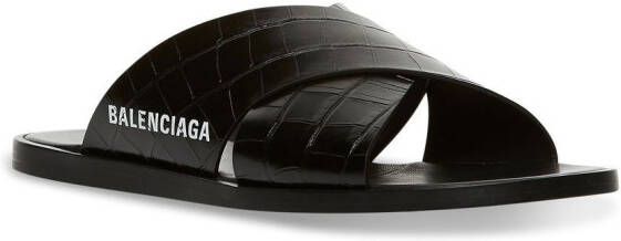 Balenciaga embossed-crocodile crossover slides Black