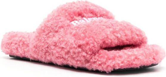 Balenciaga embroidered-logo faux-fur slides Pink