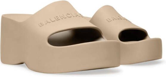 Balenciaga logo-embossed platform-wedge slides Neutrals