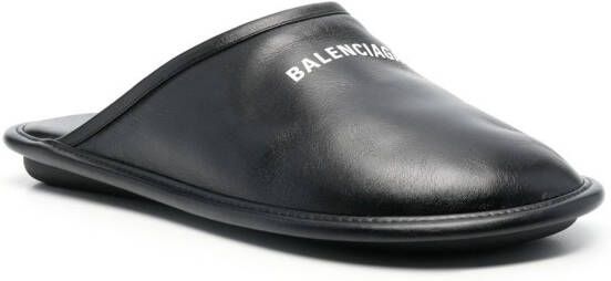 Balenciaga logo-print leather slippers Black