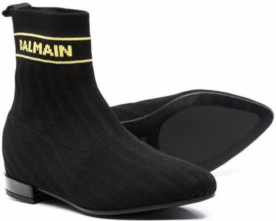 Balmain Kids TEEN logo-knit almond-toe ankle boots Black