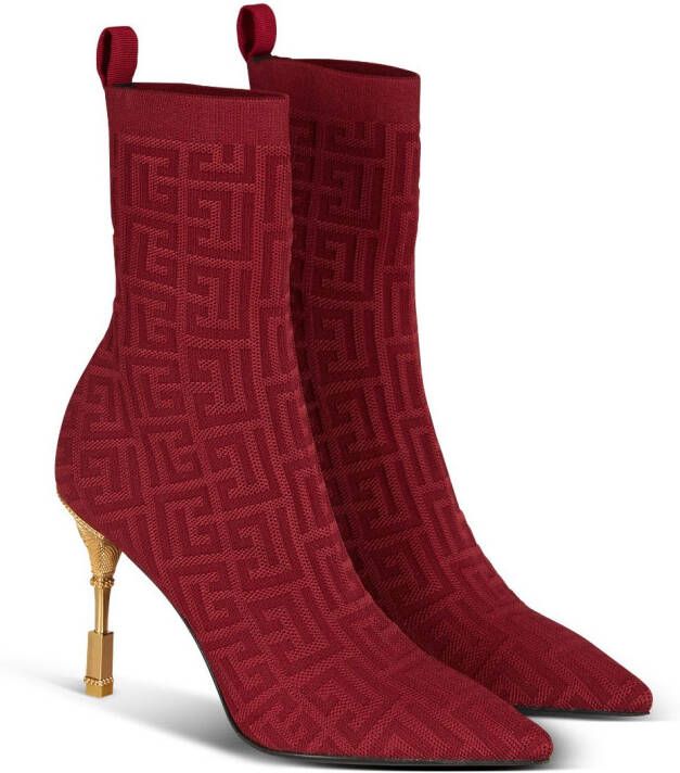 Balmain Moneta-monogram 95mm knit ankle boots Red