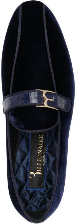 Billionaire logo-plaque velvet loafers Blue