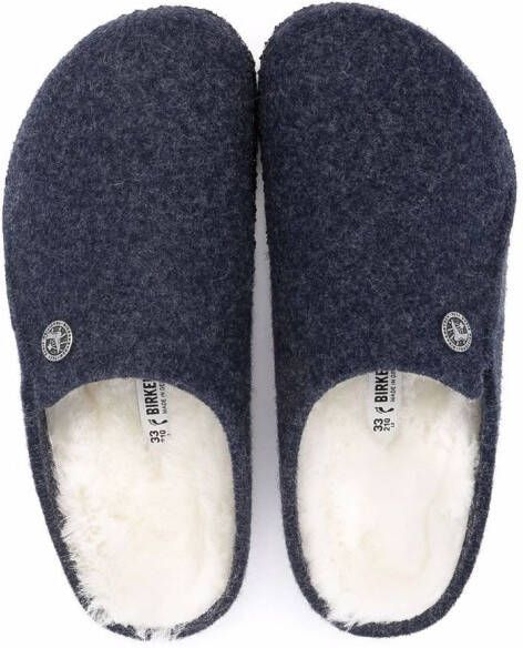 Birkenstock Kids logo-button shearling slippers Blue