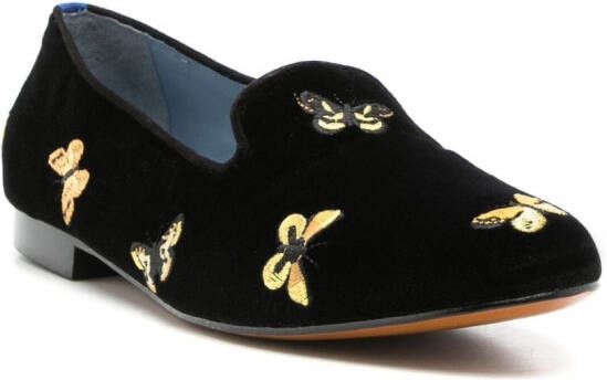 Blue Bird Shoes butterfly-embroidered velvet loafers Black