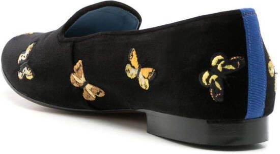 Blue Bird Shoes butterfly-embroidered velvet loafers Black