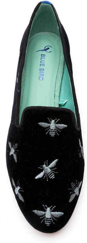 Blue Bird Shoes embroidered bee motif velvet loafers Black