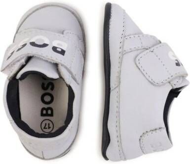 BOSS Kidswear logo-lettering leather slippers Grey