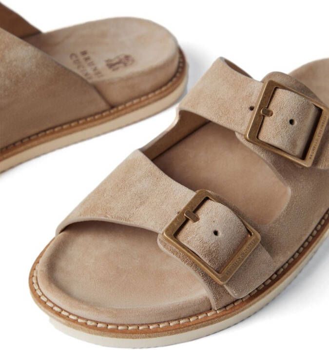 Brunello Cucinelli double-buckle suede sandals Neutrals