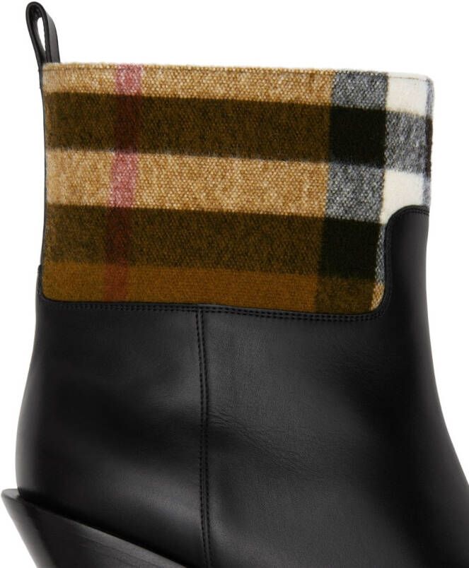 Burberry Exaggerated Check panelled leather boots Black